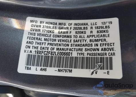 2020 Honda Civic Sport из США, поврежденный, VIN 19XFC2F82LE006601